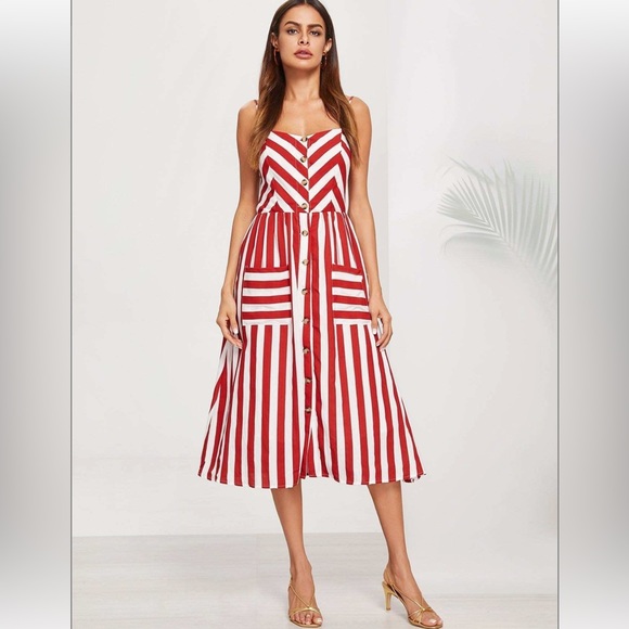 Striped Button-Front Midi Dress - Brown